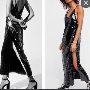 New Free People Paillette Slit Sequin Black Slip Dress